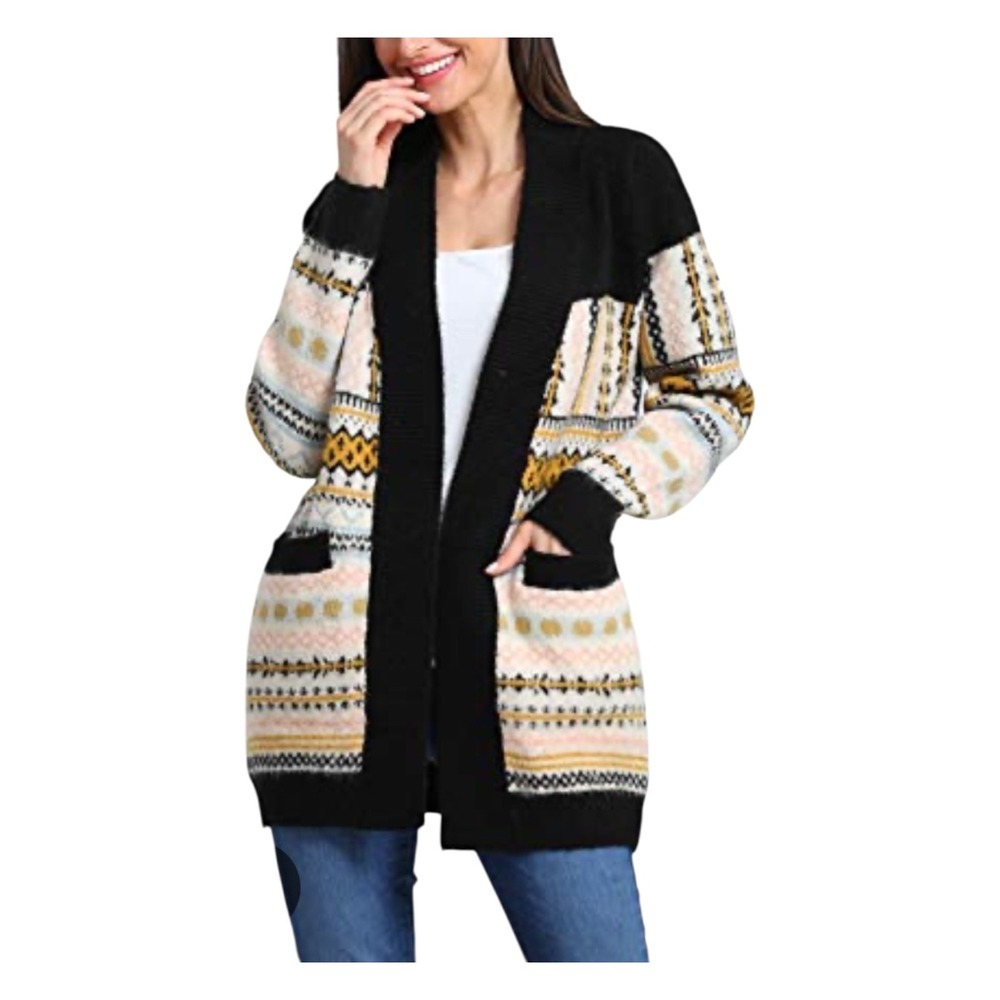 Simply Couture Womens 2XL Fair Isle Open Front Cardigan Sweater Black Pink